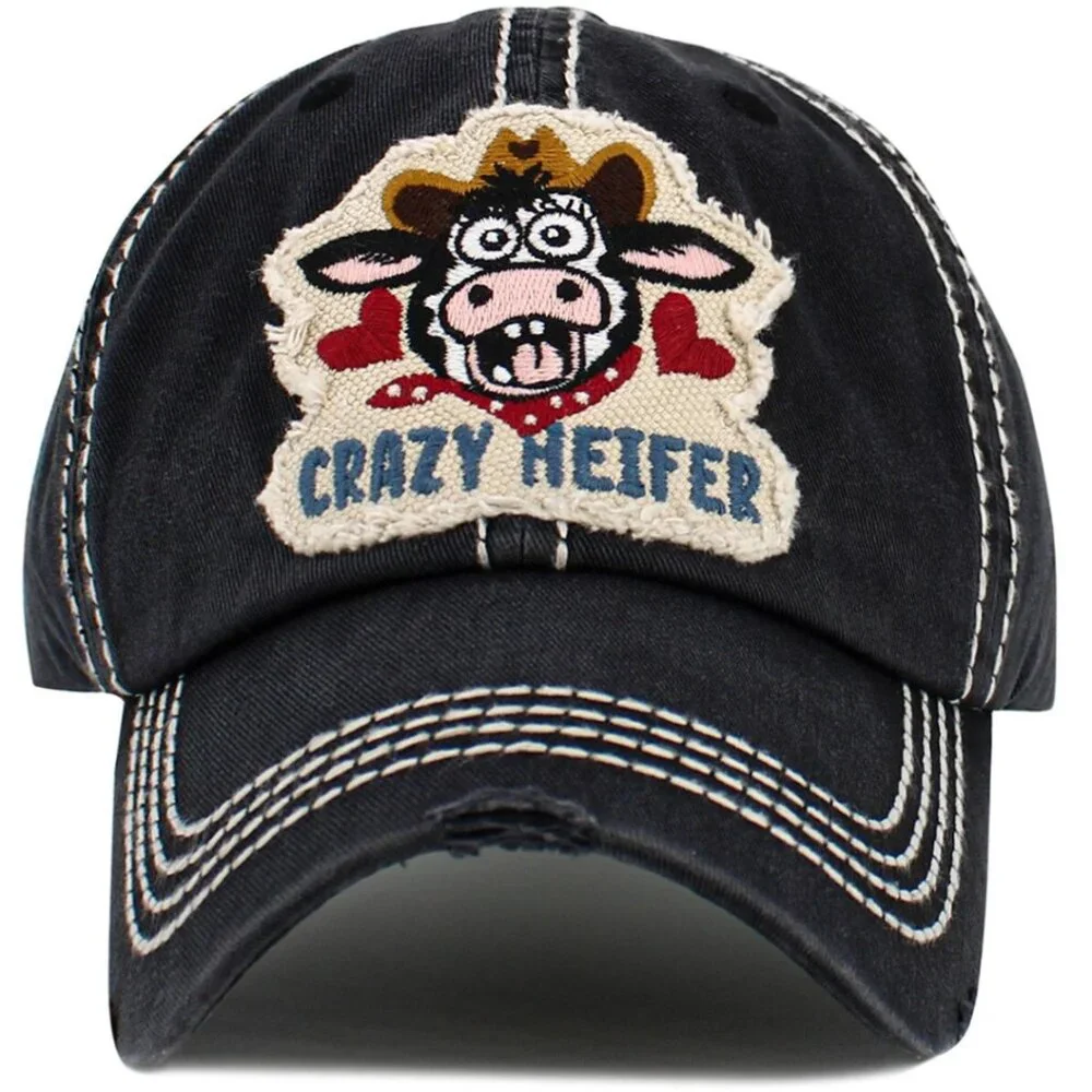 KBETHOS Crazy Heifer Black Distressed Baseball Cap Hat NWT